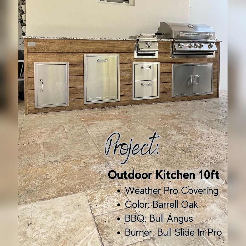 As installed by Perello Patio · Outdoorkitchen 10 ft · Barrel Oak · Bull 30" Angus LP