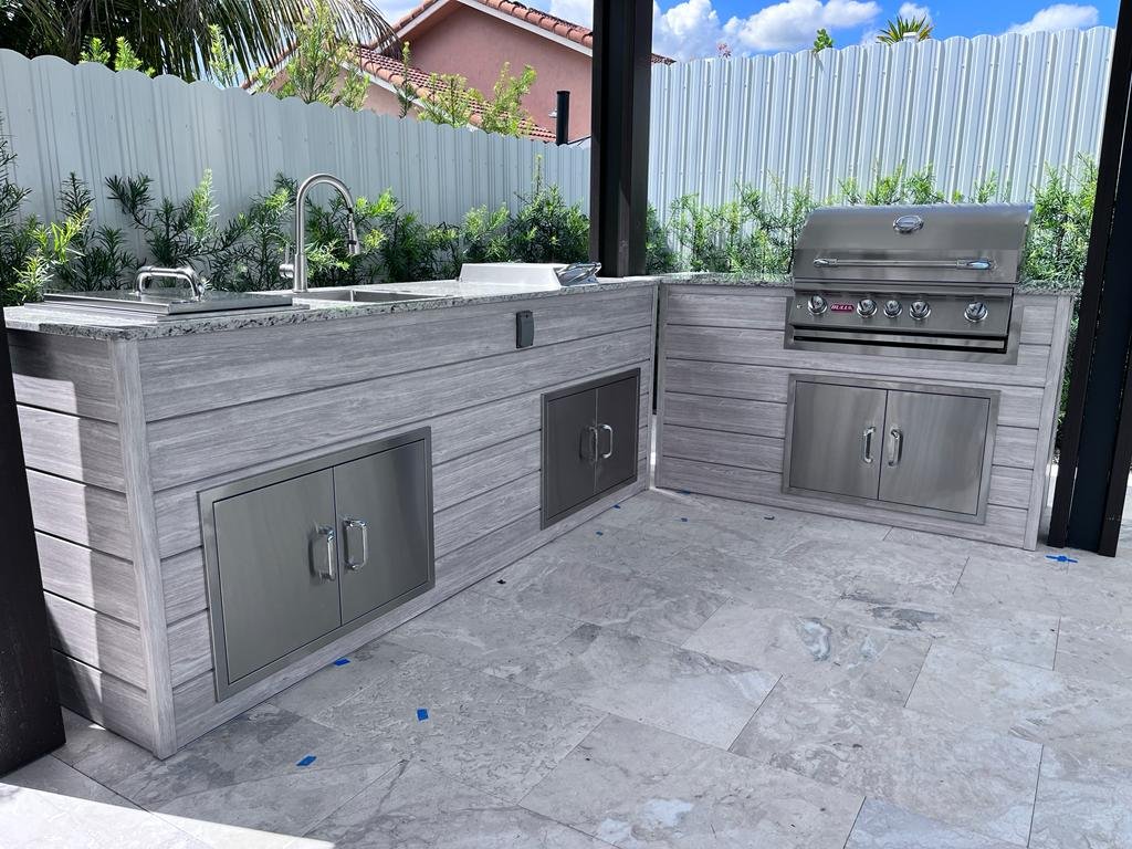 Perello Patio 14 ft L-Shape Outdoor Kitchen · Bull Angus 30" · Weather Pro - full view