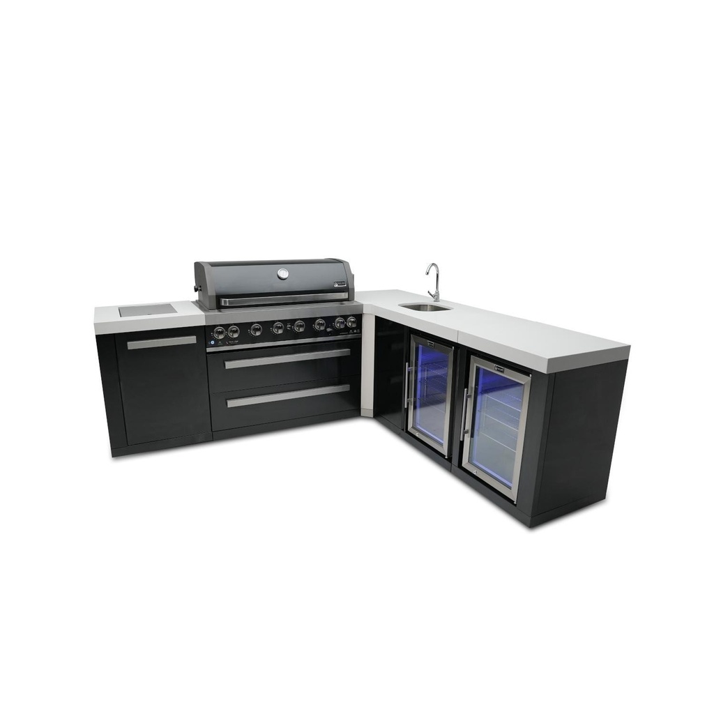 [MAi805-BSS90BEVFC] Mont Alpi Black Series 8 Ft L-Shaped Propane Outdoor Kitchen Island w/ Side Burner, Fridge, & Beverage Center