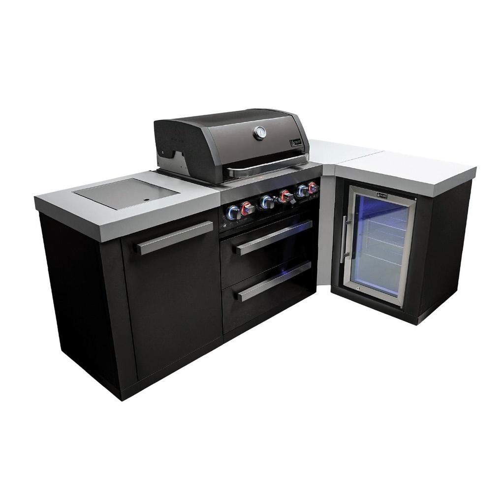 [MAi400-BSS90FC] Mont Alpi Black Series 7 1/2 Ft L-Shaped Propane Outdoor Kitchen Island w/ Side Burner & Fridge