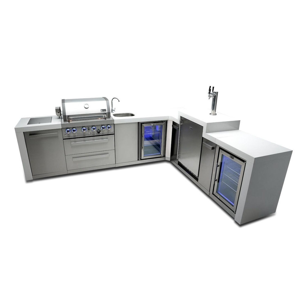 Mont Alpi Deluxe Series 11.5 Ft L-Shaped Propane Outdoor Kitchen Island w/ Side Burner, Beverage Center, Fridge & Kegerator