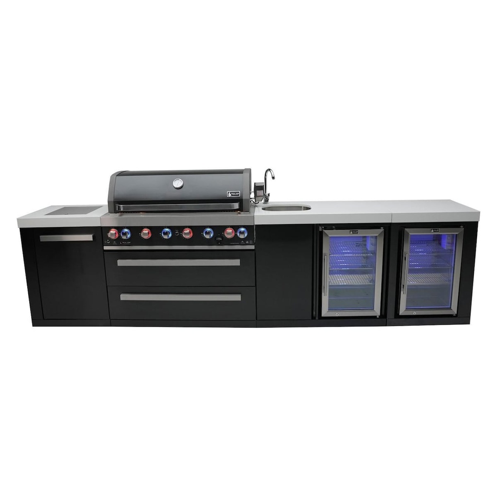 Mont Alpi Black Series 11 Ft Propane Outdoor Kitchen Island w/ Side Burner, Beverage Center & Fridge