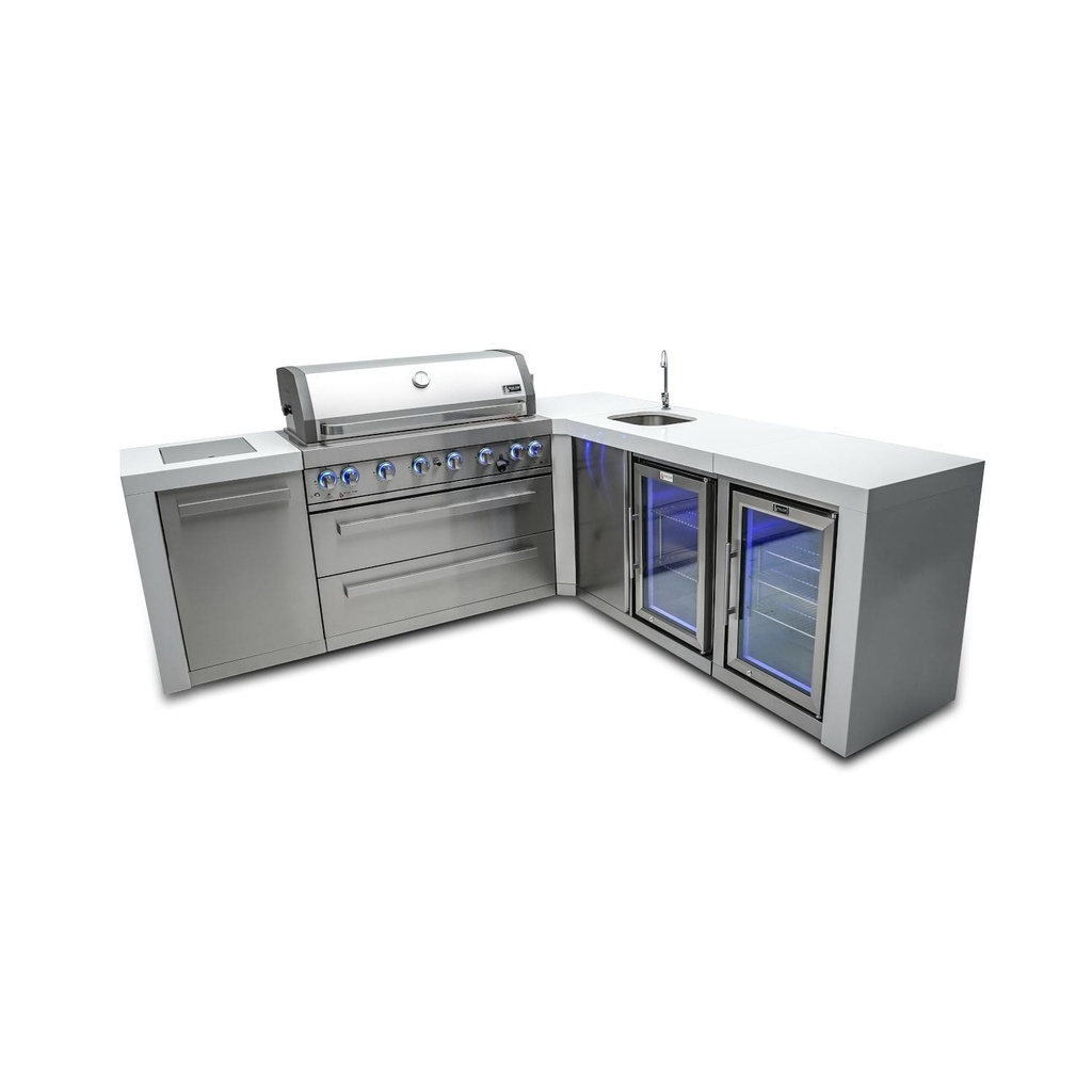 Mont Alpi Deluxe Series 8 Ft L-Shaped Propane Outdoor Kitchen Island w/ Side Burner, Beverage Center & Fridge