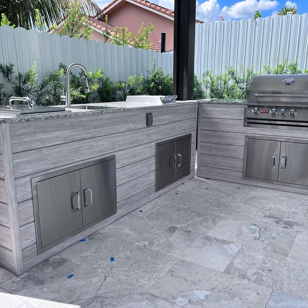 [OK-WP-14-BG-02] Perello Patio 14 ft L-Shape Outdoor Kitchen · Bull Angus 30" · Weather Pro