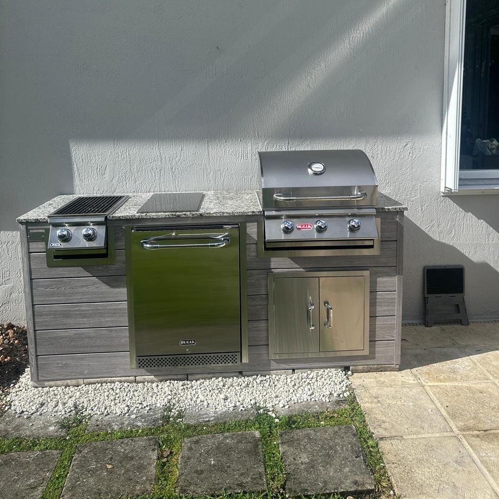 [OK-WP-07-BG-05] Perello Patio 7 ft Outdoor Kitchen · Bull Steer 25" · Weather Pro