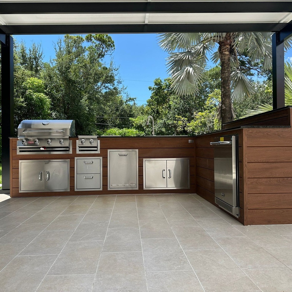 [OK-WP-15-CW-02] Perello Patio 15 ft L-Shape Outdoor Kitchen · Bull Outlaw 30" · Weather Pro